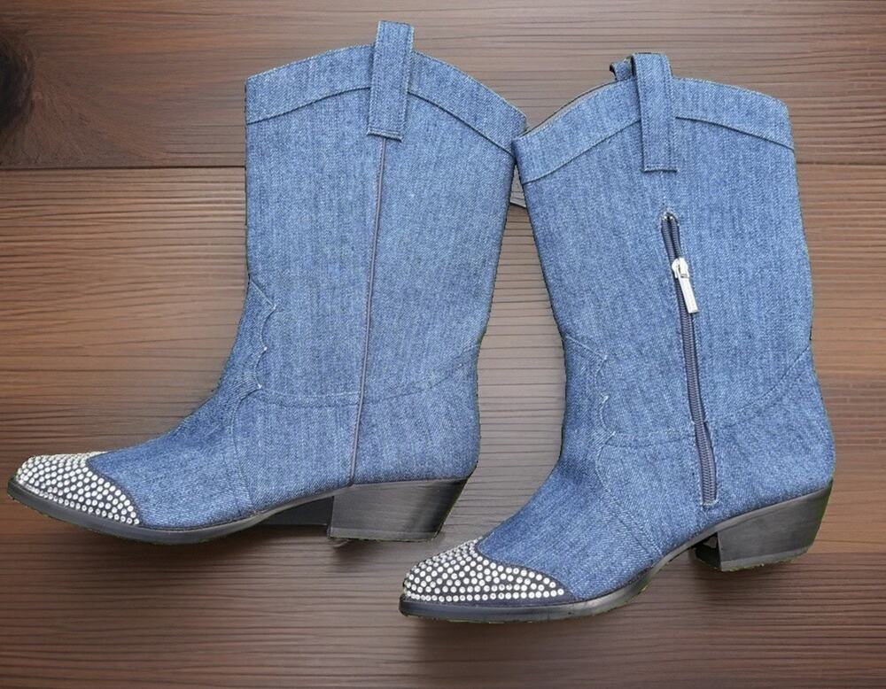 Karl Lagerfeld Lakota Boots Size 8.5M Denim Almond Toe Western Rhinestones